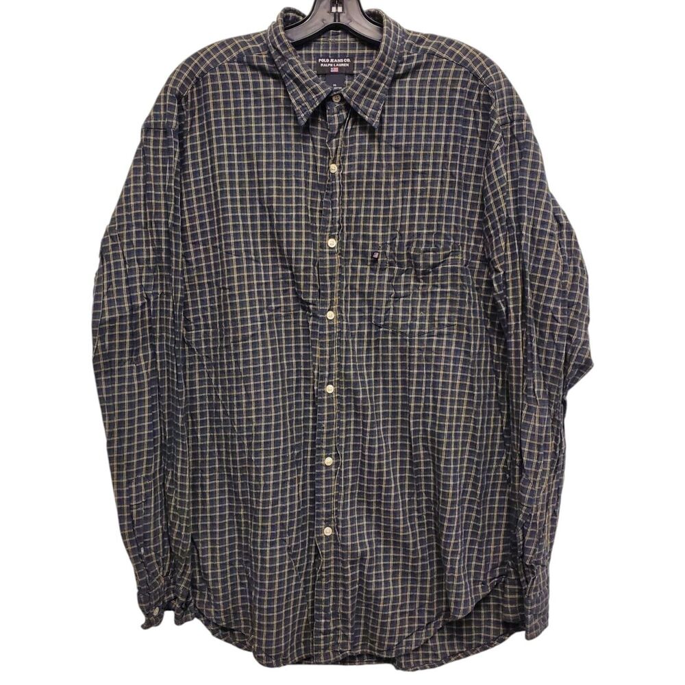 Vintage POLO RALPH LAUREN Shirt Mens XL Blue Check Plaid Casual Button Up Y2K